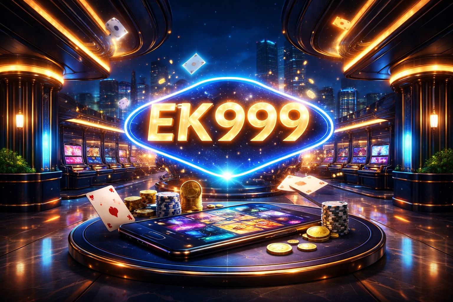 Stylish digital casino scene with glowing EK999 display, gaming interface and premium betting atmosphere for Bangladesh players