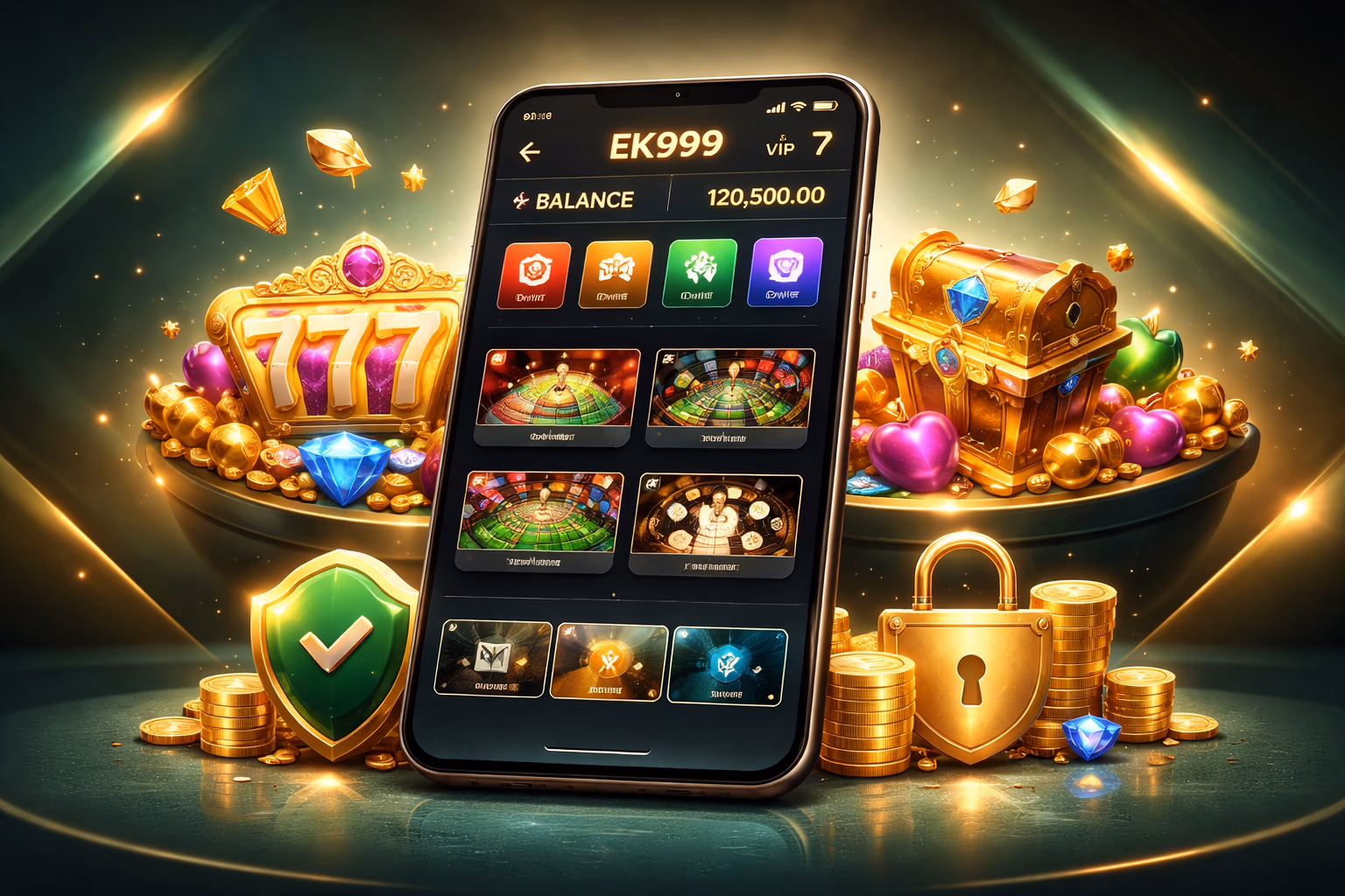 Modern Android phone showing the EK999 app interface with bright gaming visuals and a sleek mobile dashboard