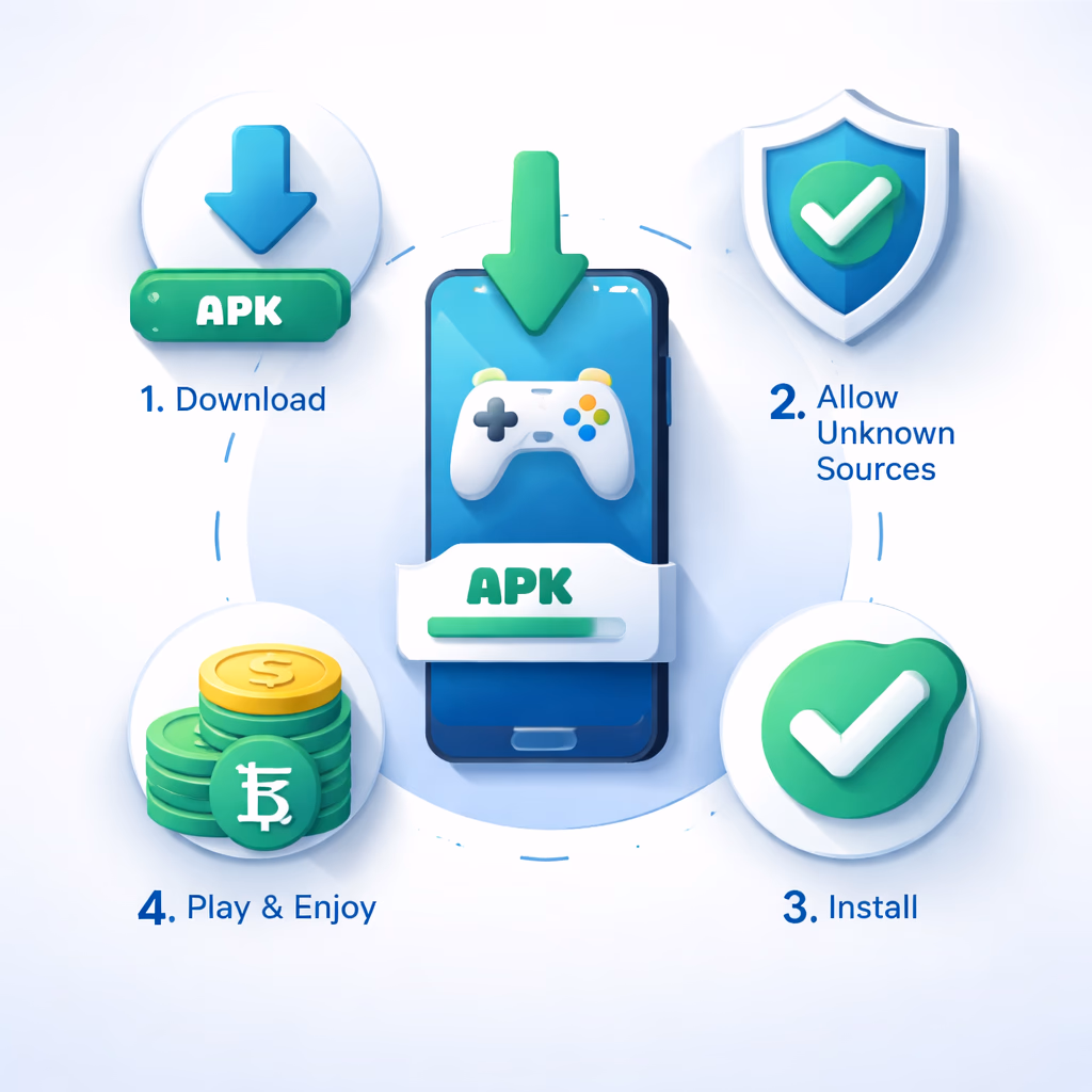 Comfortable home setting with a smartphone displaying EK999 app installation steps for an Android user in Bangladesh