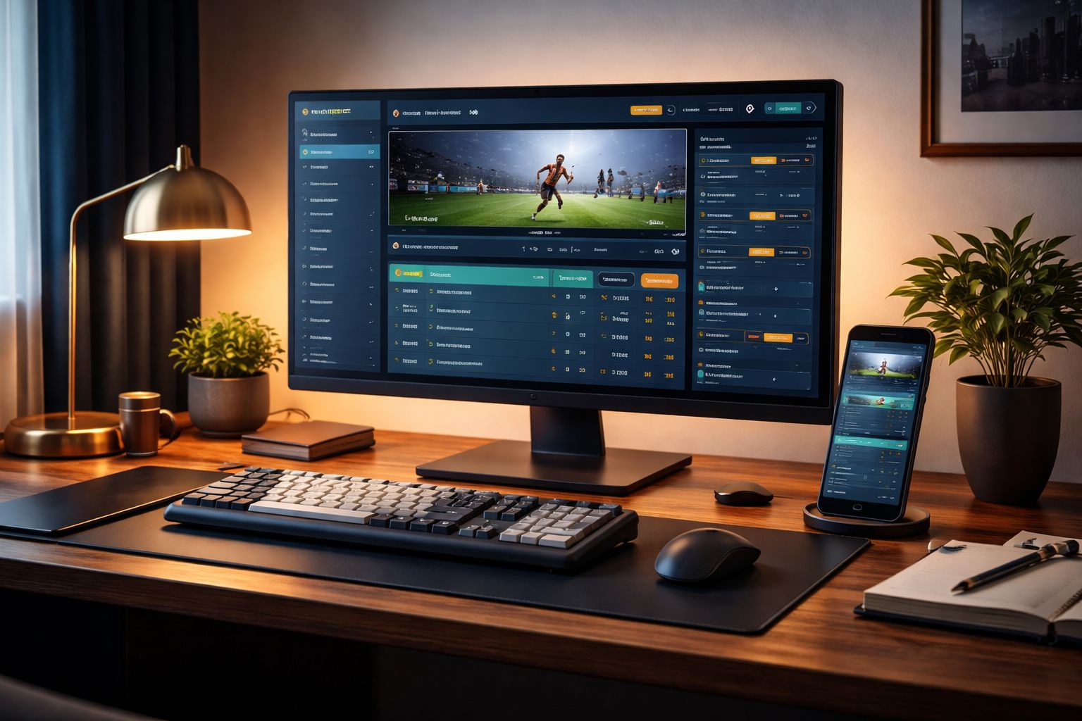 Modern betting setup showing EK999 sports markets on desktop and mobile in a Bangladesh home environment
