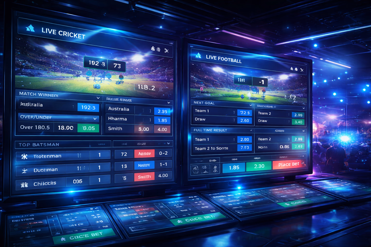Live betting dashboard on EK999 showing changing odds for cricket and football matches