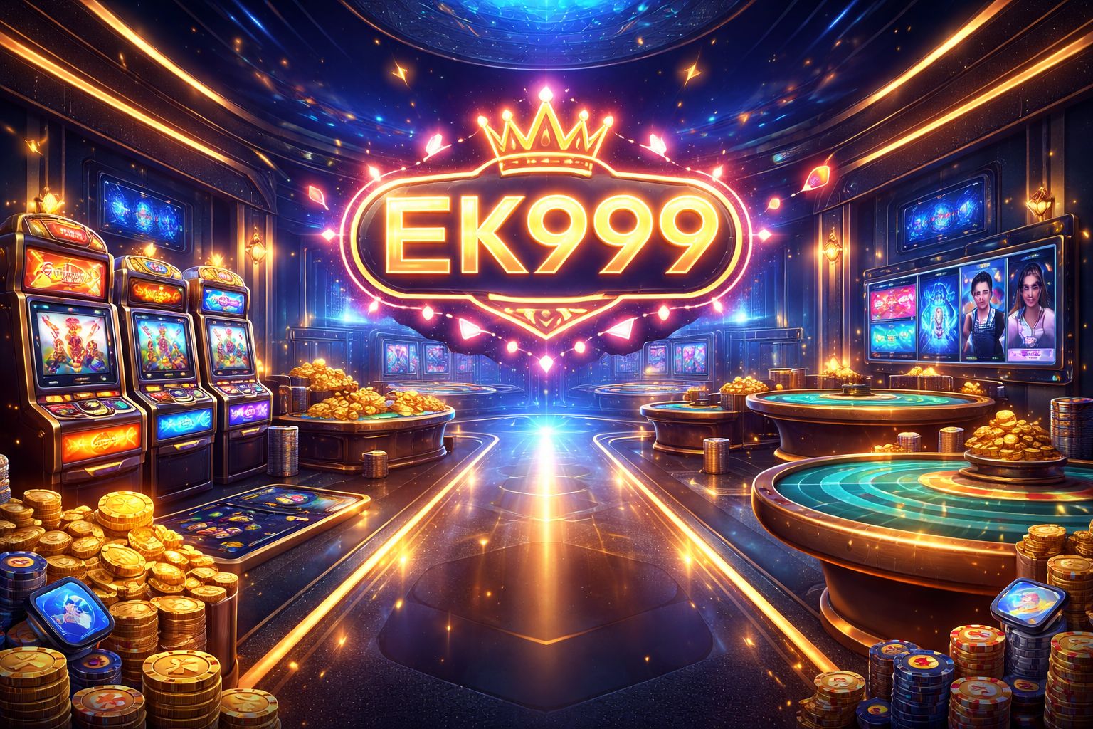 Dynamic online casino display with glowing tables, slot reels and EK999 branding in a premium digital setting for Bangladesh players