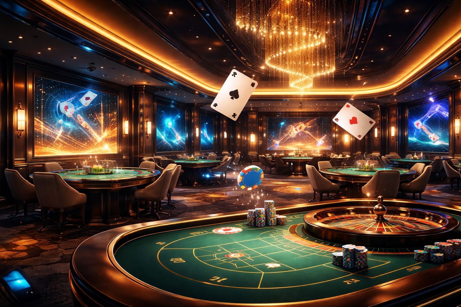 Stylish digital casino lounge scene with illuminated gaming tables and slot visuals representing EK999 online casino excitement