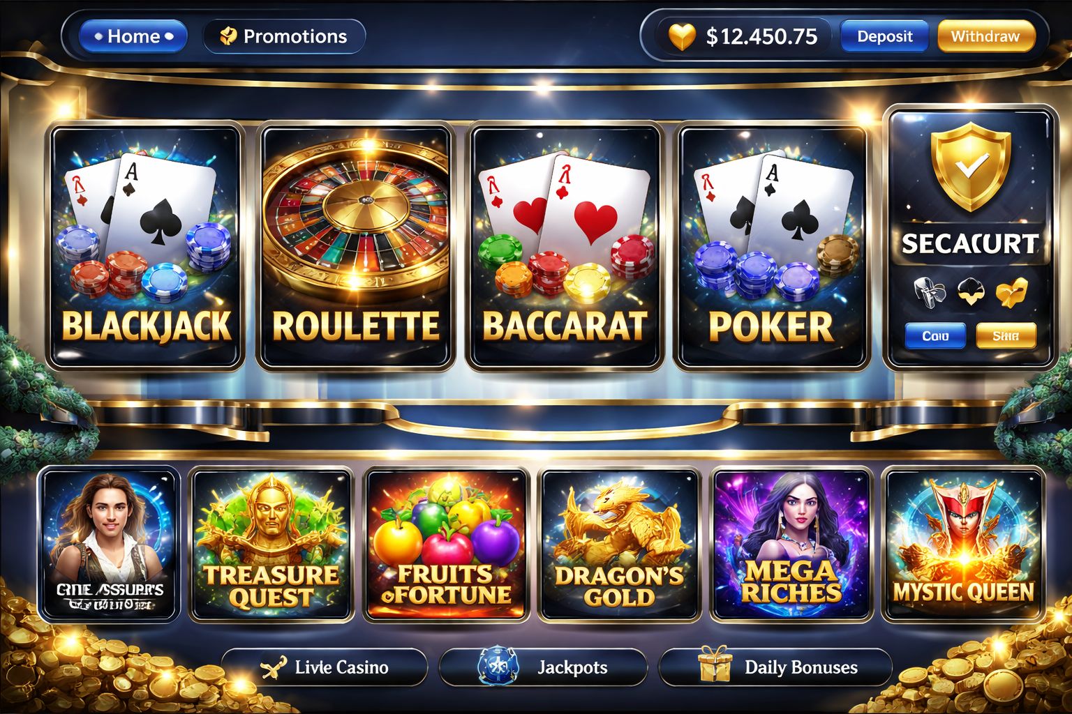 Modern online casino interface scene with vivid lights, card tables and slot panels highlighting EK999 gaming value