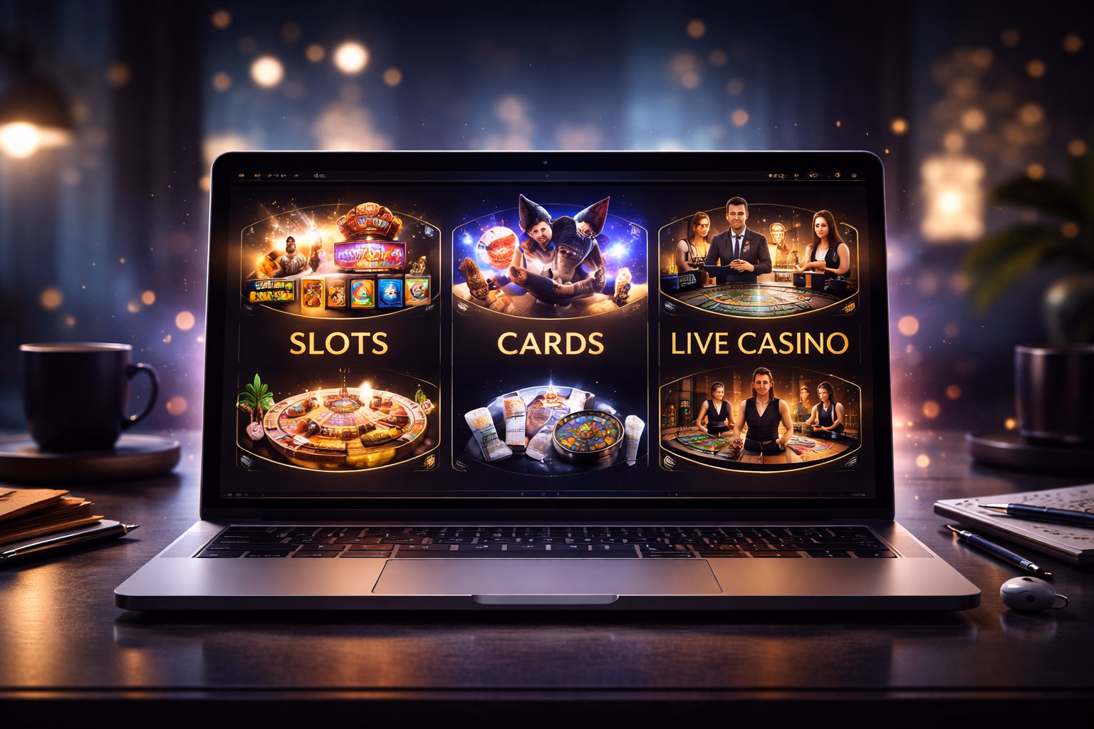 Laptop displaying EK999 game categories with bright reels, cards and glowing interface elements