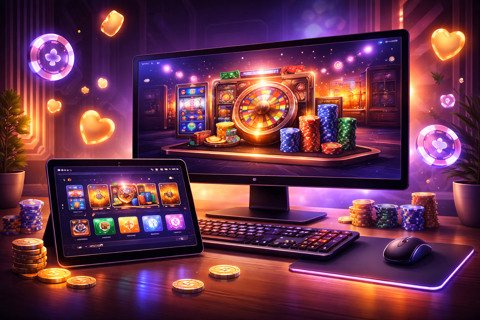 Modern gaming setup showing EK999 casino interface in a stylish neon environment for Bangladesh audience