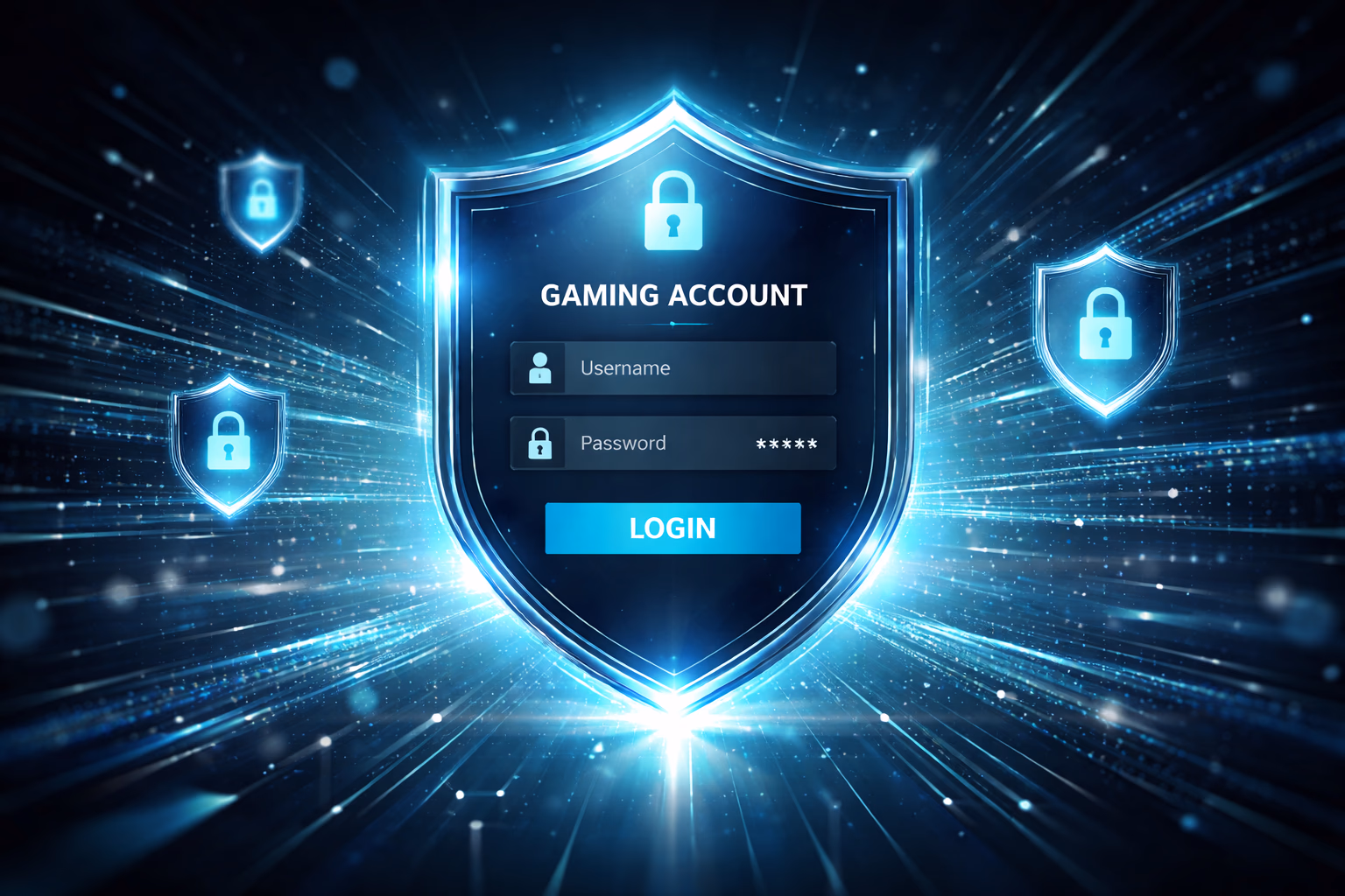 Secure digital account protection concept with illuminated shield graphics, login panel, and premium online gaming atmosphere