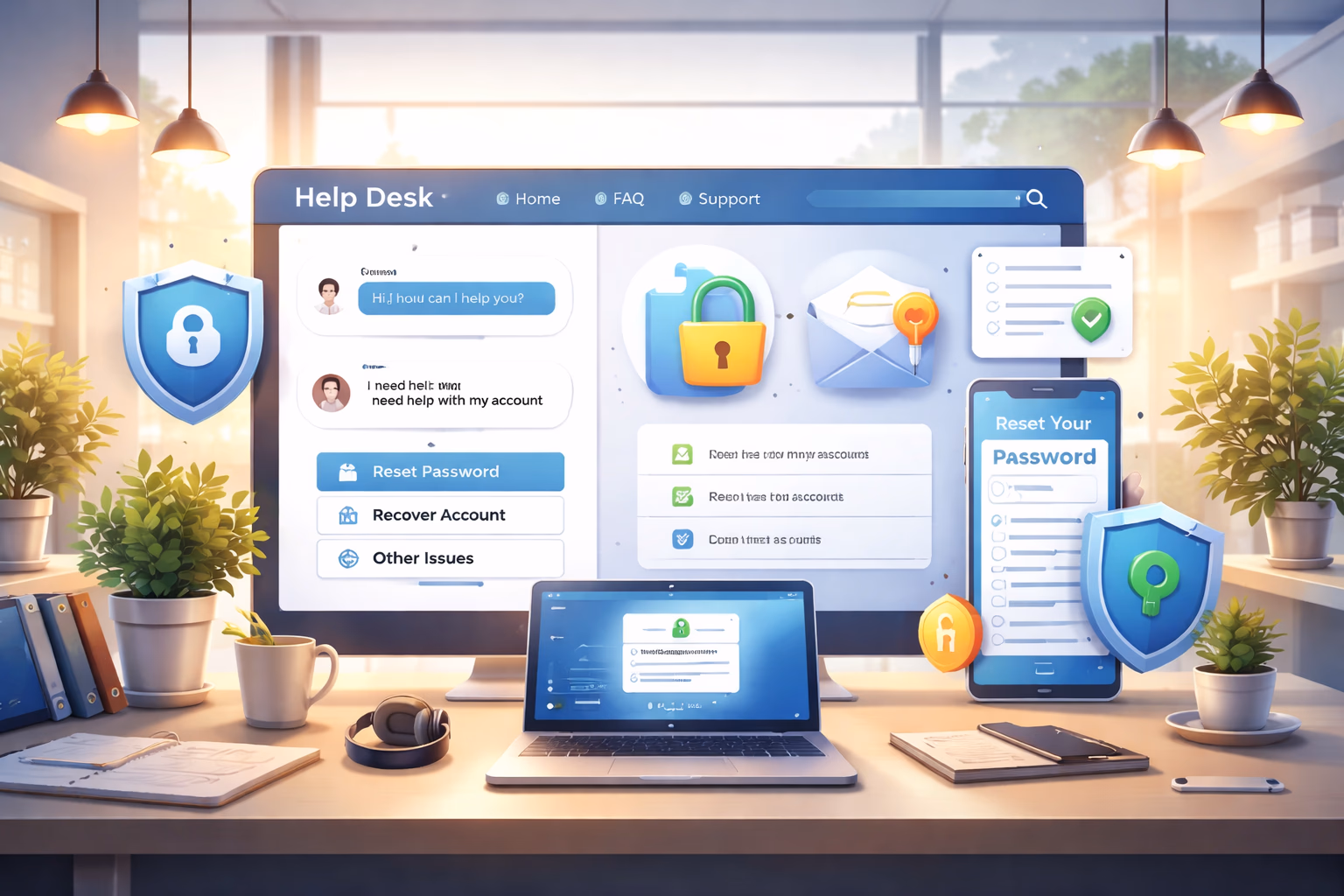 Helpful customer support scene with digital assistance screen, secure account recovery interface, and welcoming gaming backdrop