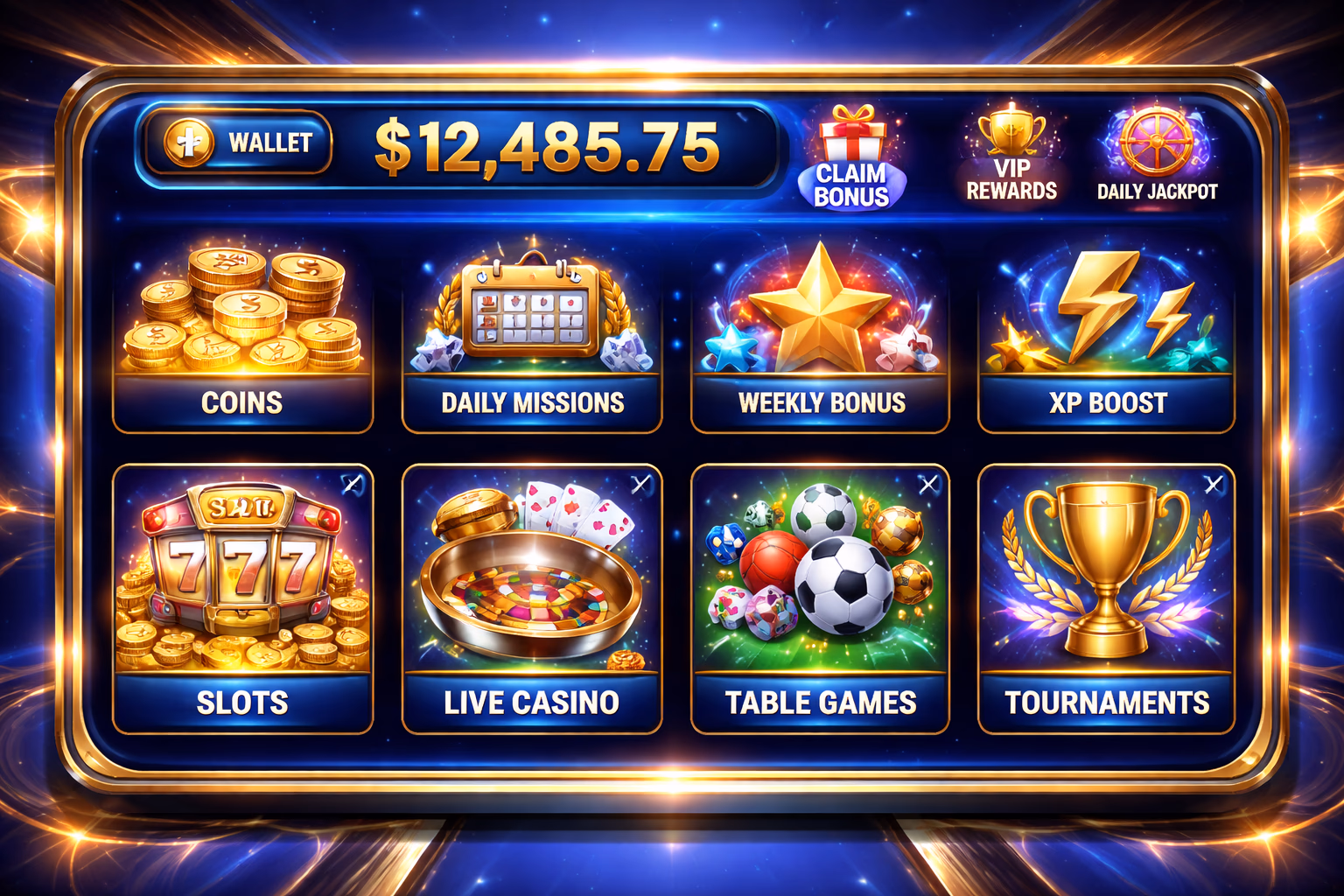 Premium player dashboard display with rewards icons, account wallet features, and vibrant EK999-themed gaming visuals