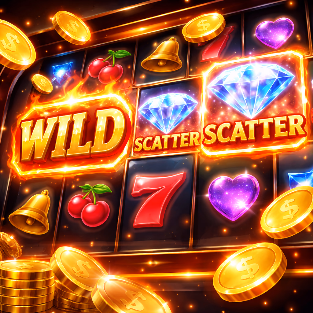 Close-up view of colorful online slot reels with coins, wild symbols, and polished interface styling for Bangladesh players